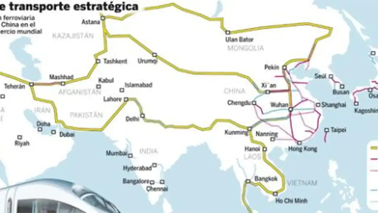 Mapa de rutas ferroviarias estrat&eacute;gicas, ideal para planificar tu viaje a China por libre. Muestra conexiones desde Asia Central hasta el Sudeste Asi&aacute;tico.