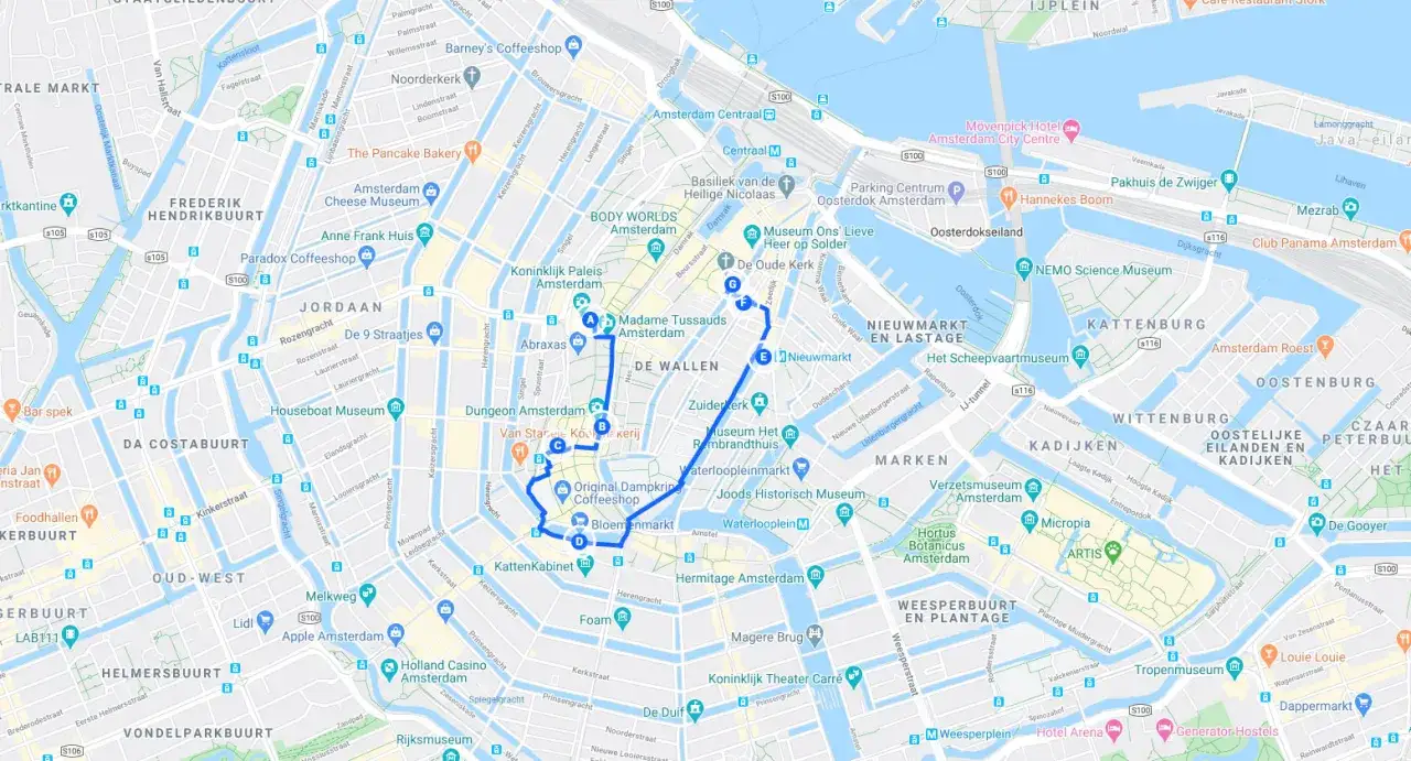Mapa de &Aacute;msterdam con ruta tur&iacute;stica: qu&eacute; ver en &Aacute;msterdam en 2 d&iacute;as, incluyendo Anne Frank Huis, Madame Tussauds y el Barrio Rojo.