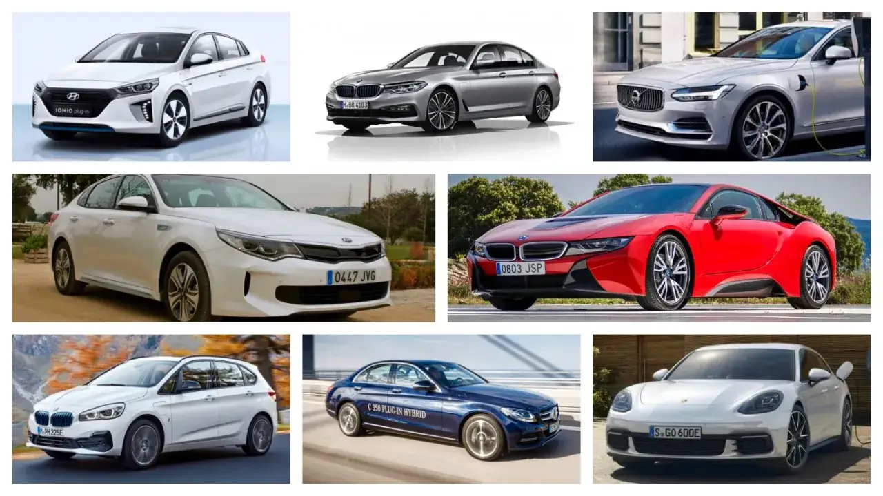 Varios modelos de coche el&eacute;ctrico auto recargable, incluyendo un Hyundai Ioniq, BMW i8 y Porsche Panamera, listos para la carga.