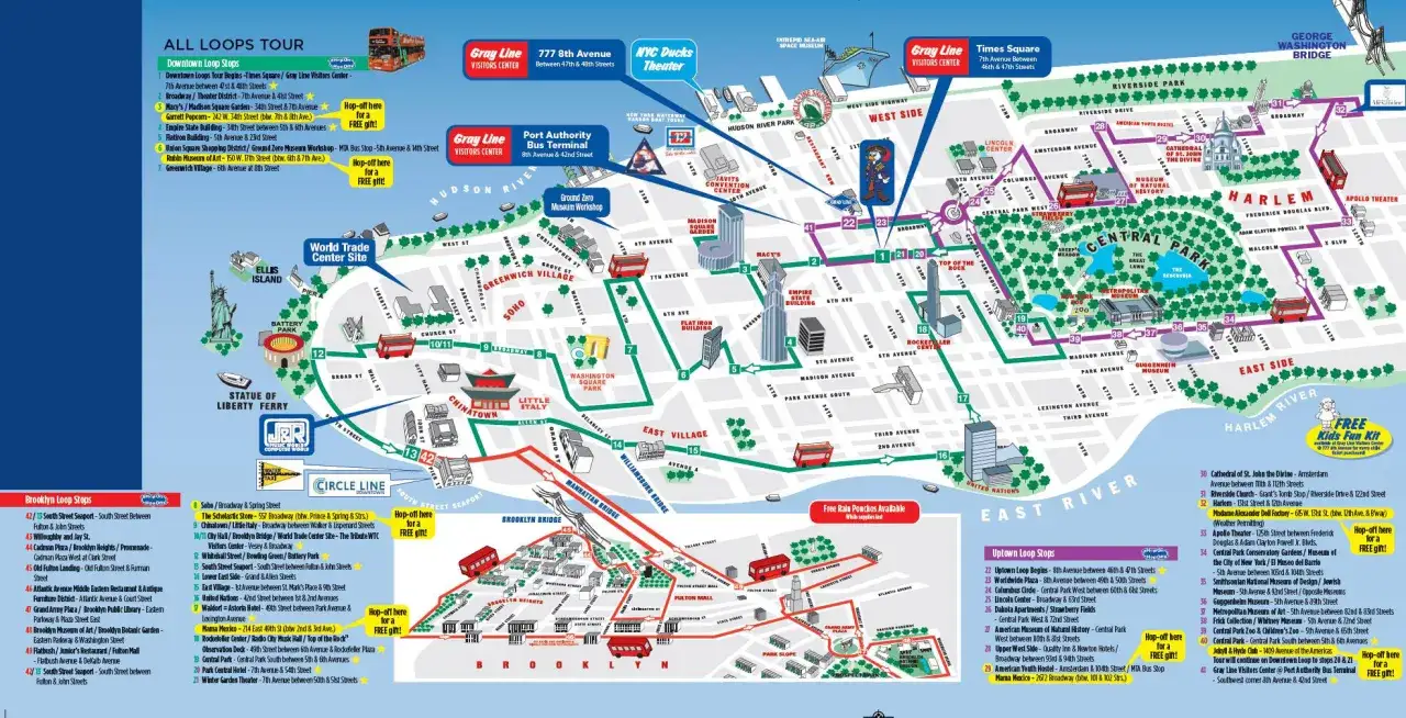 Mapa de tours en bus por Nueva York. &iquest;Cu&aacute;ntos d&iacute;as para ver Nueva York? Este mapa muestra rutas y paradas clave.
