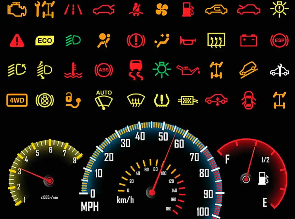 Panel de control de un coche con varios iconos de advertencia y testigos luminosos. El icono luces coche es uno de ellos.