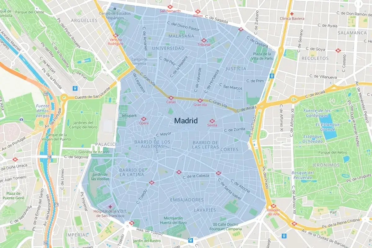Mapa del zbe distrito centro de Madrid, con calles, barrios como Malasa&ntilde;a, Justicia, Lavapi&eacute;s, y el Parque del Retiro.