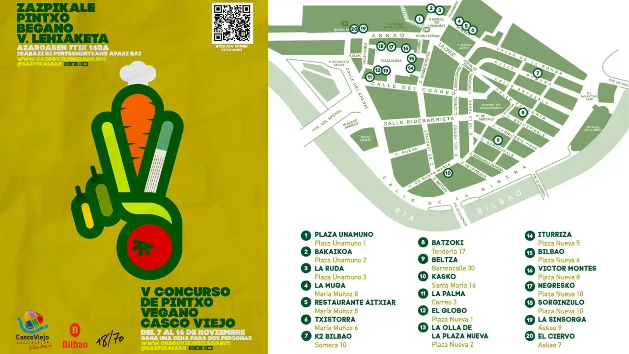 Mapa del concurso de pintxos veganos en Casco Viejo, Bilbao. &iexcl;Descubre d&oacute;nde comer en Bilbao!
