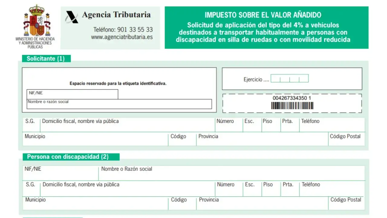 Solicitud de aplicaci&oacute;n del tipo reducido del IVA para la compra del coche, para personas con movilidad reducida.