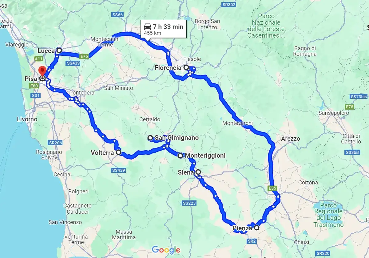 Ruta por Italia: un recorrido de 455 km por la Toscana, pasando por Pisa, Florencia, Siena y Pienza.