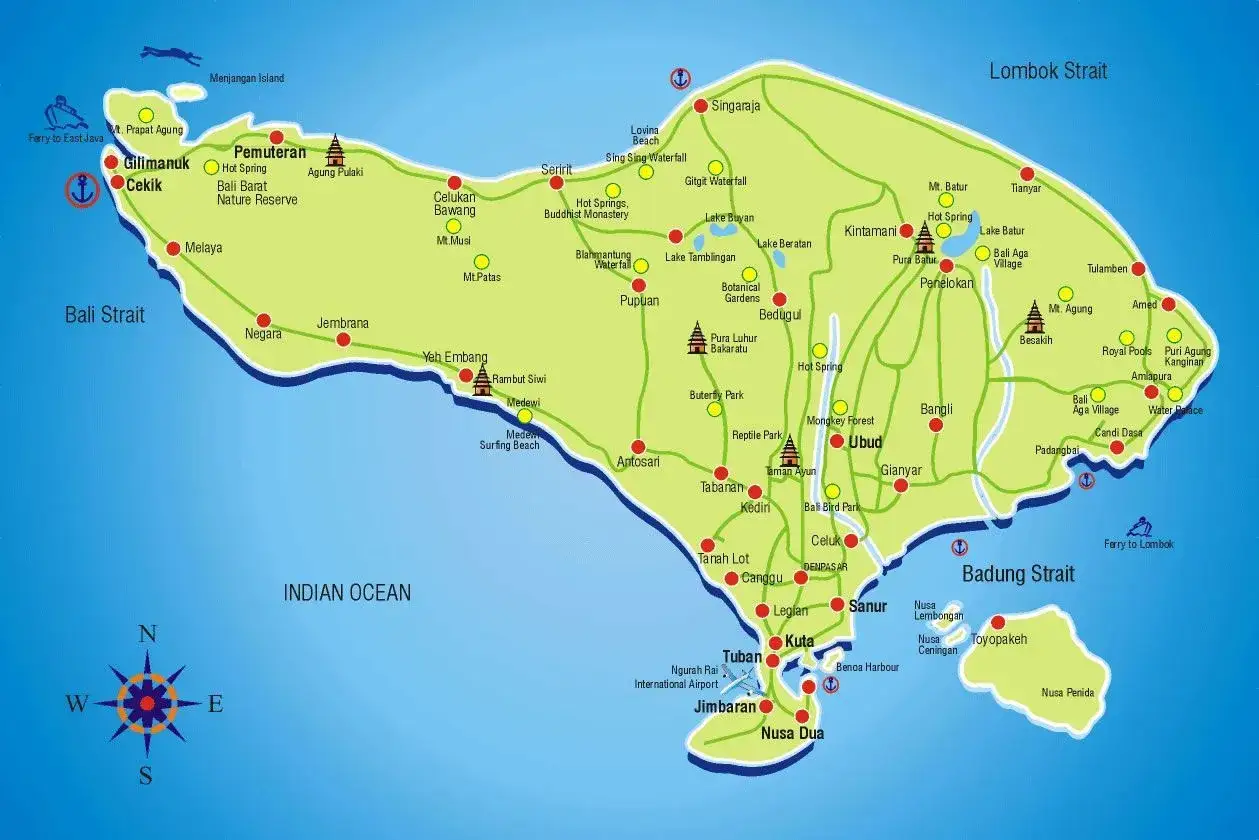 Mapa de ruta por Indonesia, mostrando Bali con sus playas, templos, volcanes y ciudades principales como Kuta, Ubud y Denpasar.