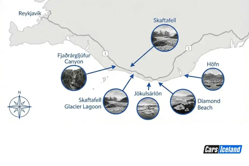 Mapa de una ruta por Islandia, mostrando Reykjavík, Fjaðrárgljúfur Canyon, Skaftafell Glacier Lagoon, Jökulsárlón, Diamond Beach y Höfn.