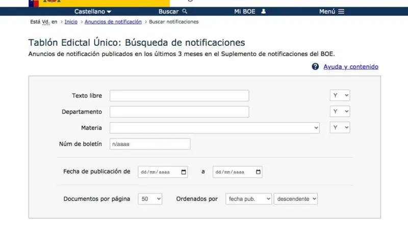 Formulario para buscar notificaciones y saber si tengo multas. Permite filtrar por texto, departamento, materia, número de boletín y fecha.
